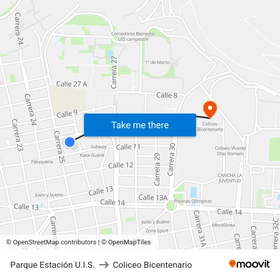 Parque Estación Uis to Coliceo Bicentenario map