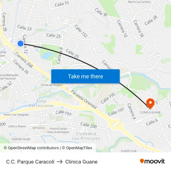 Centro Comercial Parque Caracolí (Cl 29 - Kr 12) to Clinica Guane map
