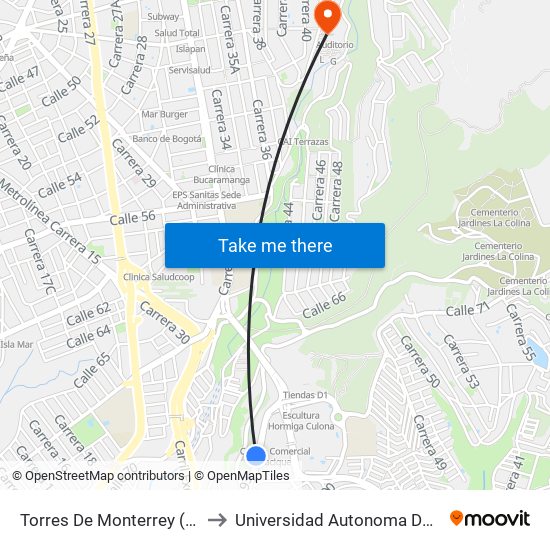 Torres De Monterrey (C.C. Cacique) to Universidad Autonoma De Bucaramanga map