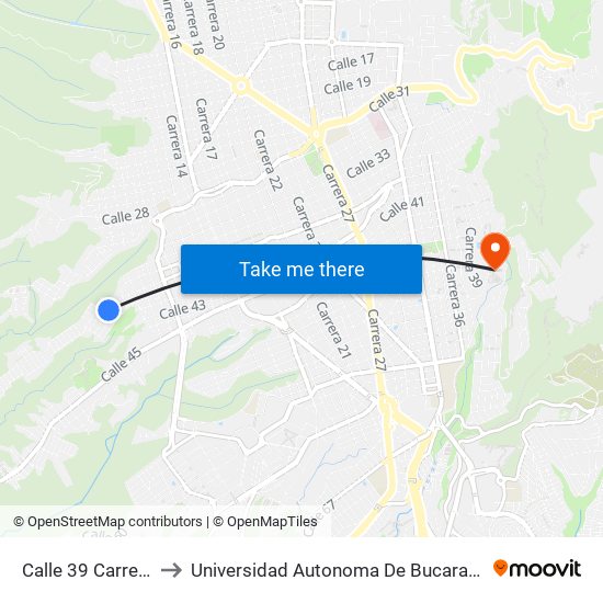 Calle 39 Carrera 3 to Universidad Autonoma De Bucaramanga map