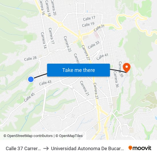 Calle 37 Carrera 4a to Universidad Autonoma De Bucaramanga map