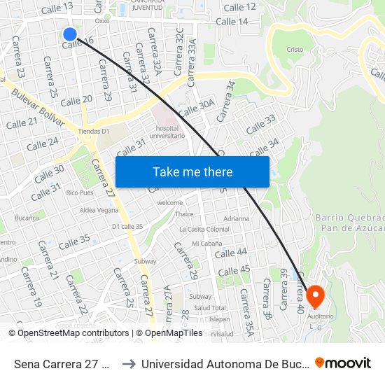 Sena Carrera 27 Calle 15 to Universidad Autonoma De Bucaramanga map