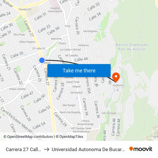 Carrera 27 Calle 37 to Universidad Autonoma De Bucaramanga map