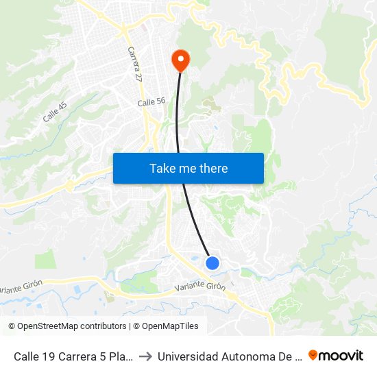 Calle 19 Carrera 5 Plaza Colmena to Universidad Autonoma De Bucaramanga map