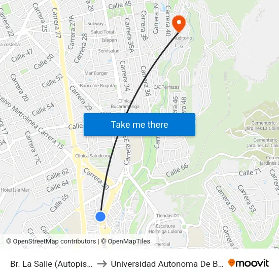 Br. La Salle (Autopista - Cl 68) to Universidad Autonoma De Bucaramanga map