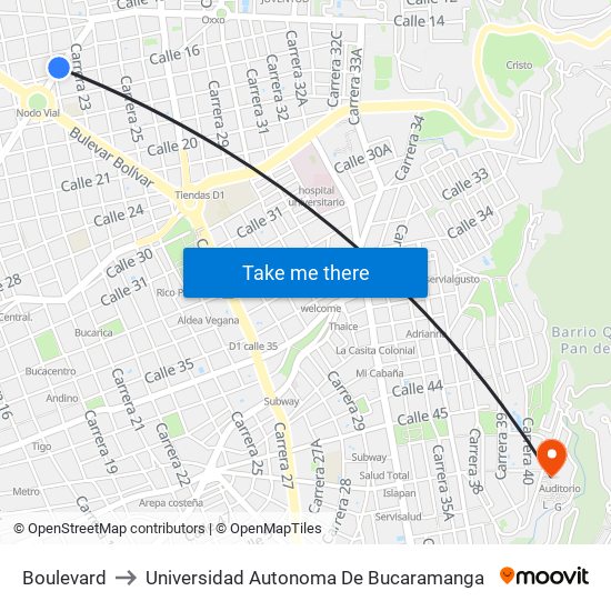 Boulevard to Universidad Autonoma De Bucaramanga map