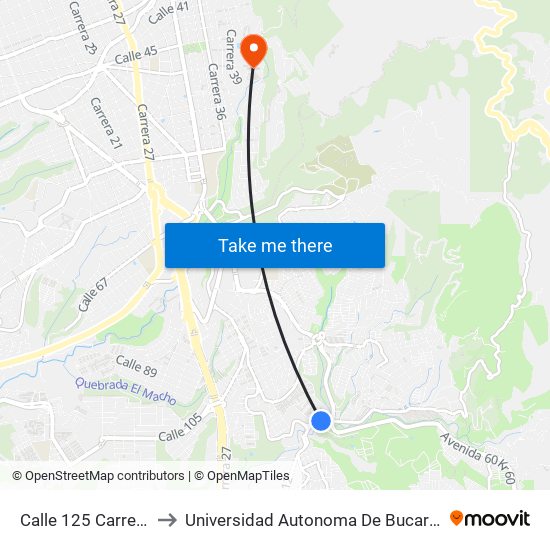 Calle 125 Carrera 34 to Universidad Autonoma De Bucaramanga map
