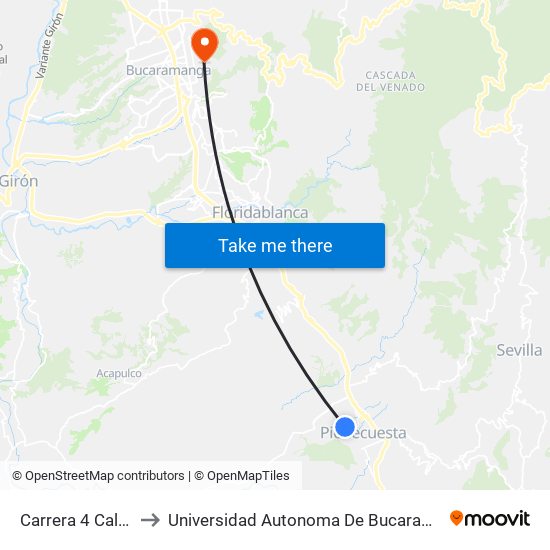 Carrera 4 Calle 0 to Universidad Autonoma De Bucaramanga map