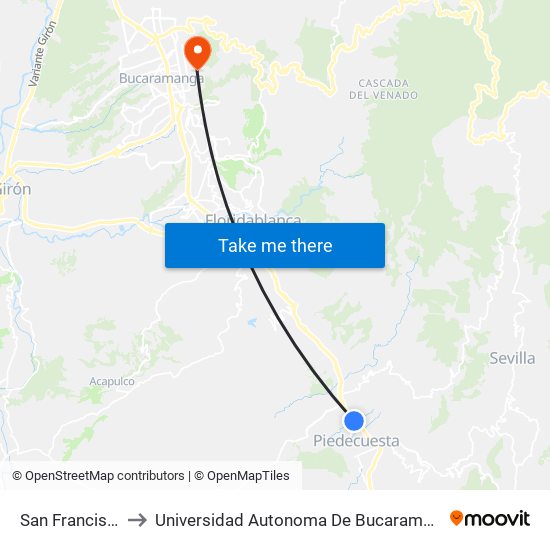 San Francisco to Universidad Autonoma De Bucaramanga map