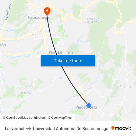 La Normal to Universidad Autonoma De Bucaramanga map