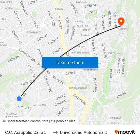 Centro Comercial Acrópolis (Cl 56 - Dg 14) to Universidad Autonoma De Bucaramanga map