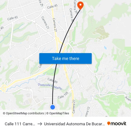 Calle 111 Carrera 22 to Universidad Autonoma De Bucaramanga map