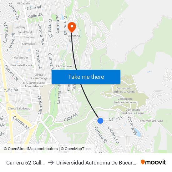 Carrera 52 Calle 70 to Universidad Autonoma De Bucaramanga map