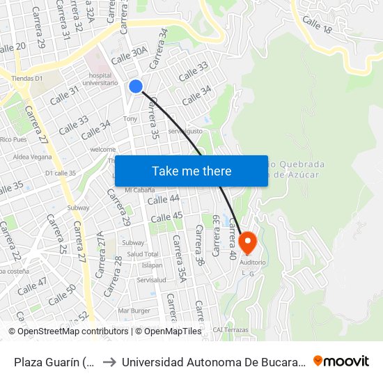 Plaza Guarín (N-S) to Universidad Autonoma De Bucaramanga map