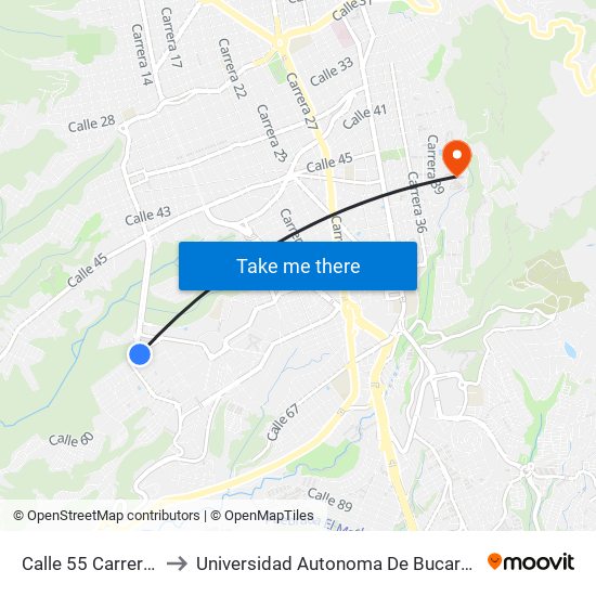 Calle 55 Carrera 1w to Universidad Autonoma De Bucaramanga map