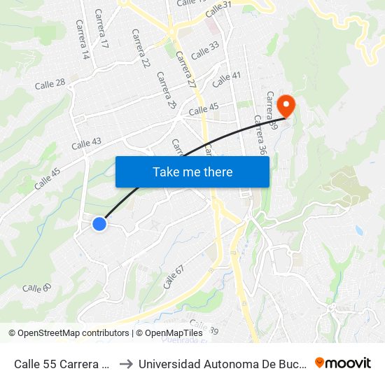 Calle 55 Carrera 3 (S-N) to Universidad Autonoma De Bucaramanga map