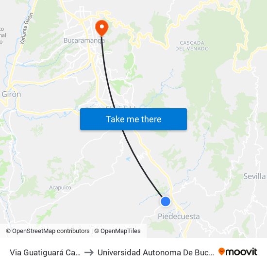 Via Guatiguará Carrera 3 to Universidad Autonoma De Bucaramanga map