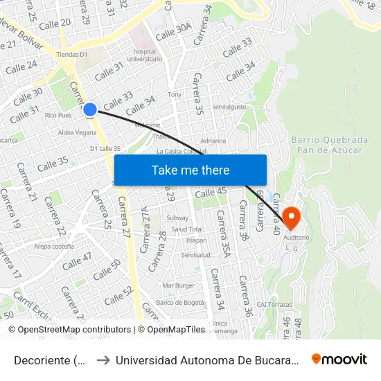 Universidad Manuela Beltrán (Kr 27 - Cl 33) to Universidad Autonoma De Bucaramanga map