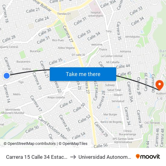 Carrera 15 Calle 34 Estación San Mateo (N-S) to Universidad Autonoma De Bucaramanga map