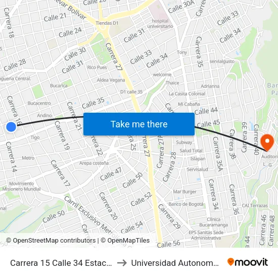 Estación San Mateo (Kr 15 - Cl 34) to Universidad Autonoma De Bucaramanga map
