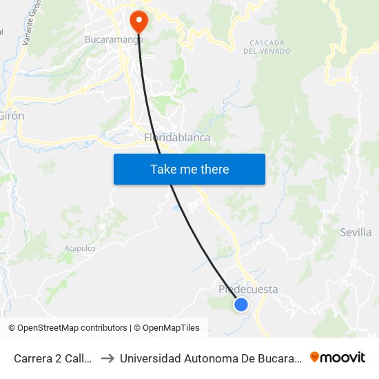 Carrera 2 Calle 10 to Universidad Autonoma De Bucaramanga map