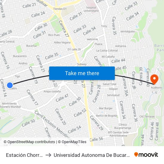 Estación Chorreras to Universidad Autonoma De Bucaramanga map