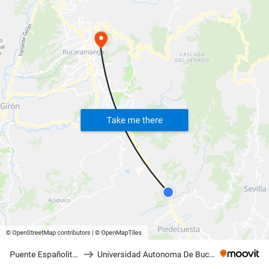 Puente Españolita (N-S) to Universidad Autonoma De Bucaramanga map