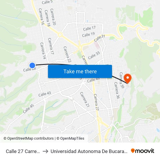 Calle 27 Carrera 9 to Universidad Autonoma De Bucaramanga map