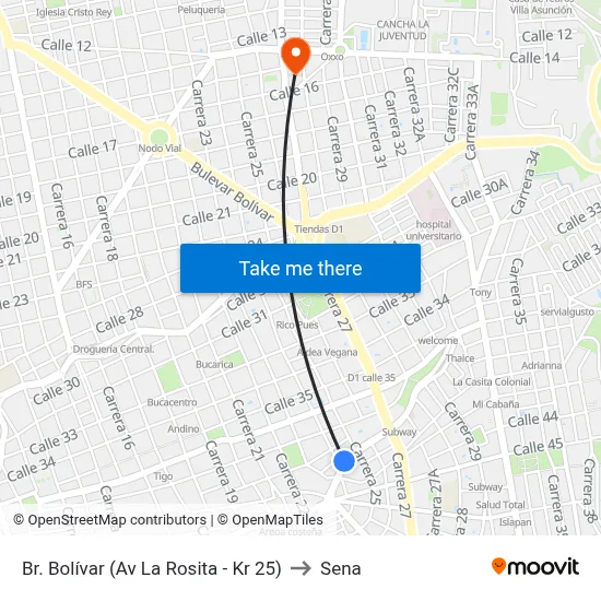 Br. Bolívar (Av La Rosita - Kr 25) to Sena map