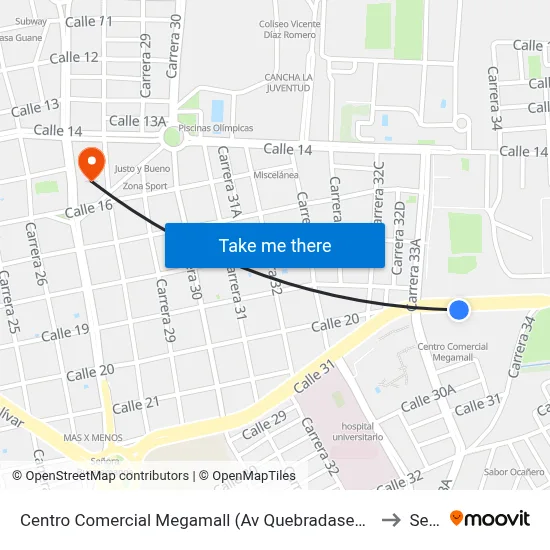 Centro Comercial Megamall (Av Quebradaseca - Kr 34) to Sena map