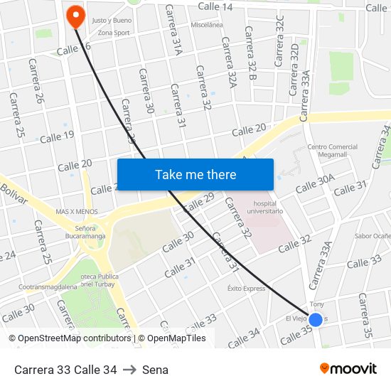 Carrera 33 Calle 34 to Sena map