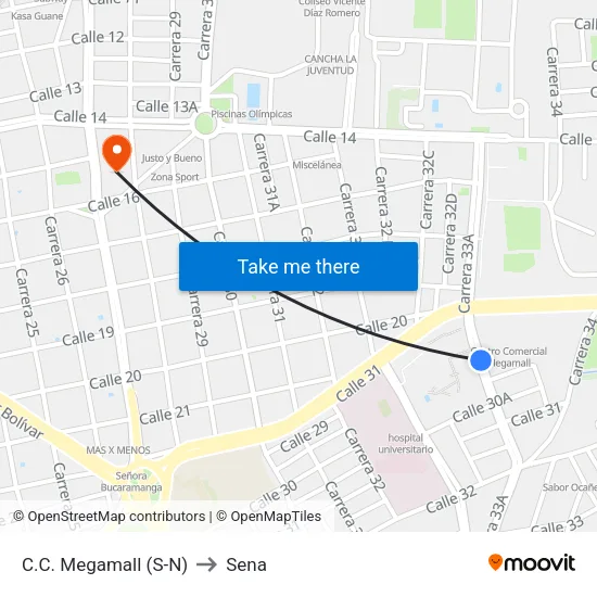 Centro Comercial Megamall (Kr 33a - Cl 30) to Sena map