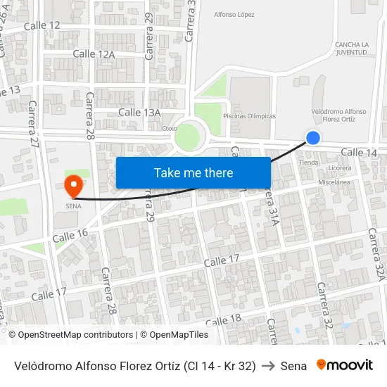 Velódromo Alfonso Florez Ortíz (Cl 14 - Kr 32) to Sena map