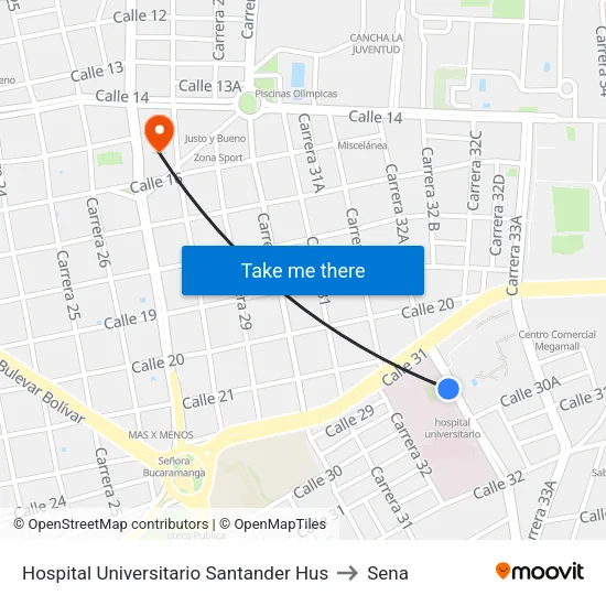 Hospital Universitario Santander Hus to Sena map