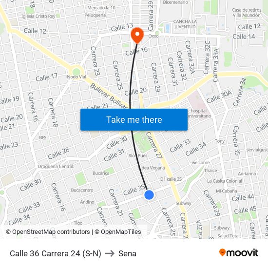 Calle 36 Carrera 24 (S-N) to Sena map