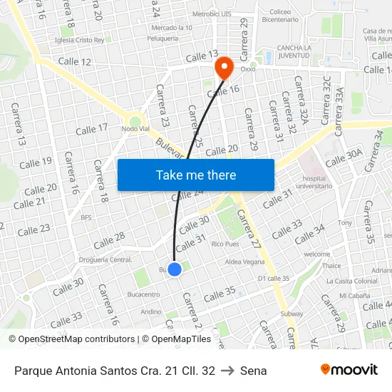 Parque Antonia Santos (Kr 21 - Cl 32) to Sena map