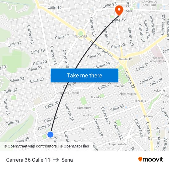 Carrera 36 Calle 11 to Sena map