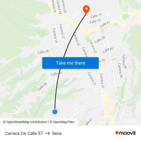 Carrera 2w Calle 57 to Sena map