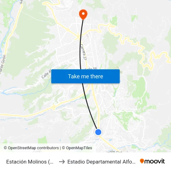 Estación Molinos (Oriental) to Estadio Departamental Alfonso López map