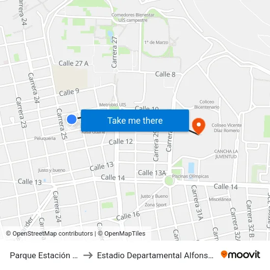 Parque Estación Uis to Estadio Departamental Alfonso López map
