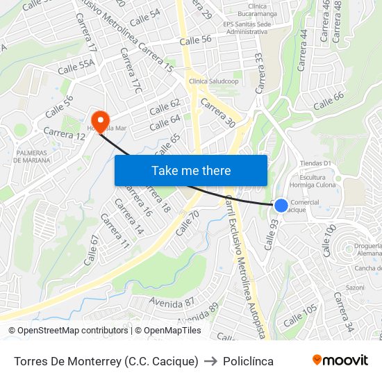 Torres De Monterrey (C.C. Cacique) to Policlínca map