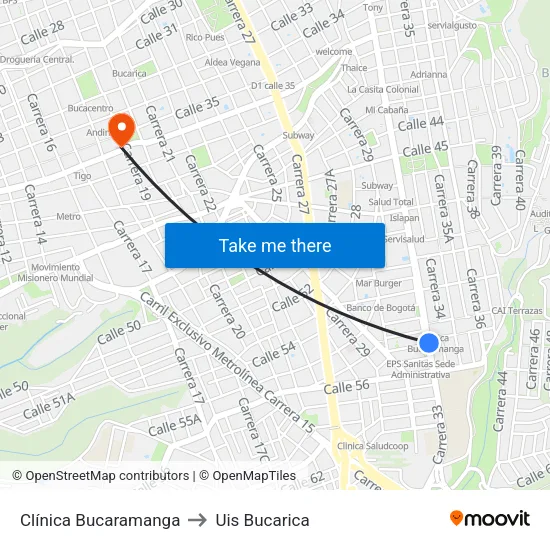 Clínica Bucaramanga (Kr 33 - Cl 54) to Uis Bucarica map