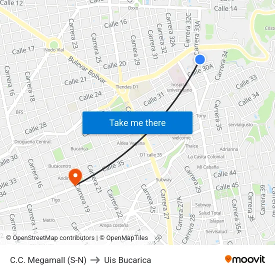 Centro Comercial Megamall (Kr 33a - Cl 30) to Uis Bucarica map