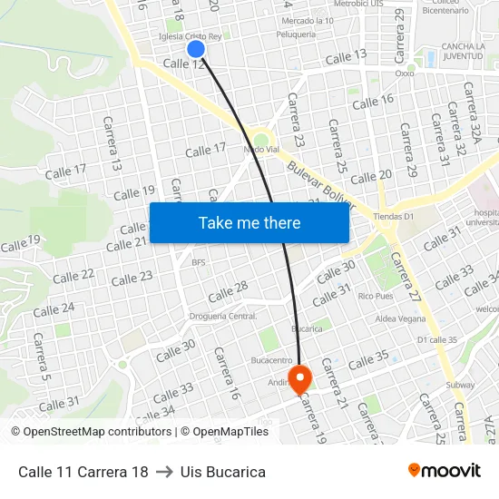 Calle 11 Carrera 18 to Uis Bucarica map