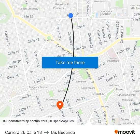 Carrera 26 Calle 13 to Uis Bucarica map