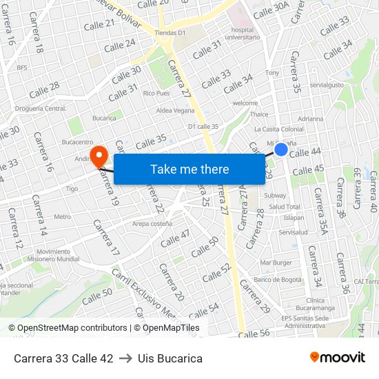 Carrera 33 Calle 42 to Uis Bucarica map