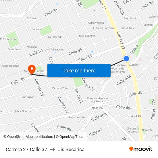 Carrera 27 Calle 37 to Uis Bucarica map