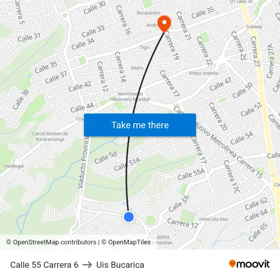 Estación De Policia Sur De Bucaramanga (Cl 55 - Kr 7) to Uis Bucarica map