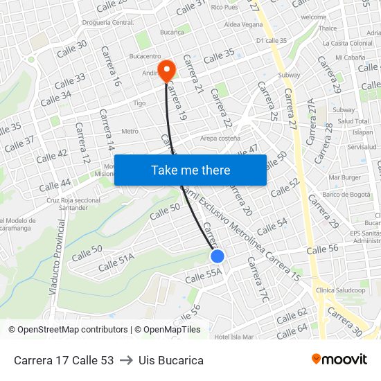 Carrera 17 Calle 53 to Uis Bucarica map