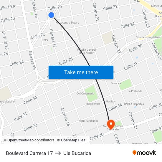 Boulevard Carrera 17 to Uis Bucarica map